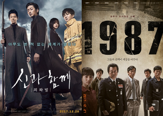 한국 영화 '신과 함께-죄와 벌'과 '1987'이 연초 쌍끌이 흥행을 하고 있다. <롯데엔터테인먼트/CJ E&M 제공>